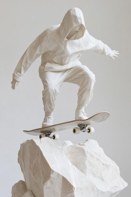 Photo skateboarder skate sculpture in marble with digital airbrush porcelain precisionist installation