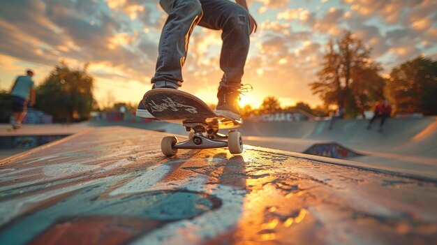 Photo skateboarder at sunset in a skate park