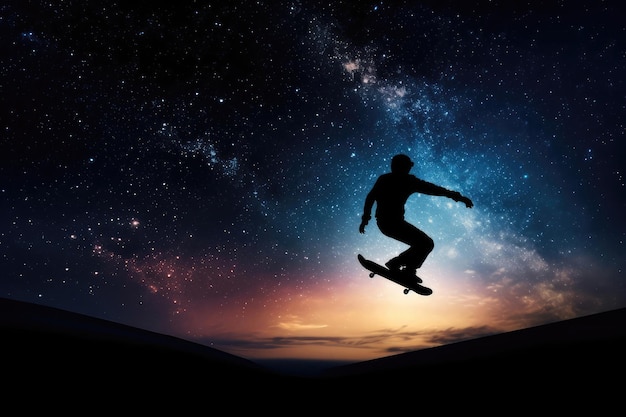 Skateboarders Silhouette In Flight Against Backdrop Of Space Generative AI