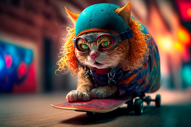 Skateboarding cat with a helmet on his head Generative AI