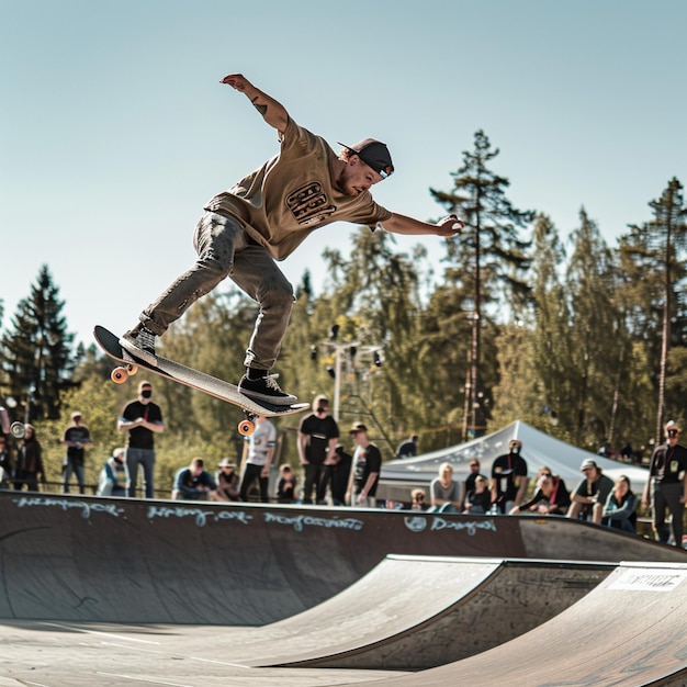 Skateboarding Competition Man Riding Skateboard Up Ramp