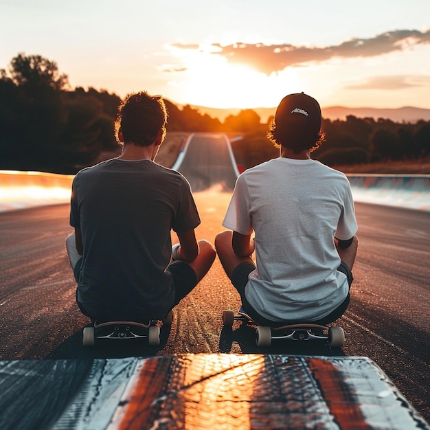 Photo skateboarding duo racing on a track