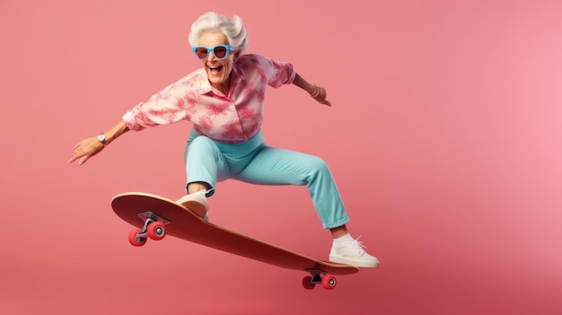 Skateboarding Granny A Fun and Stylish Mature Woman in Sunglasses Embracing Her Playful Side on a Skateboard Set Against a Vibrant Pink BackgroundxA