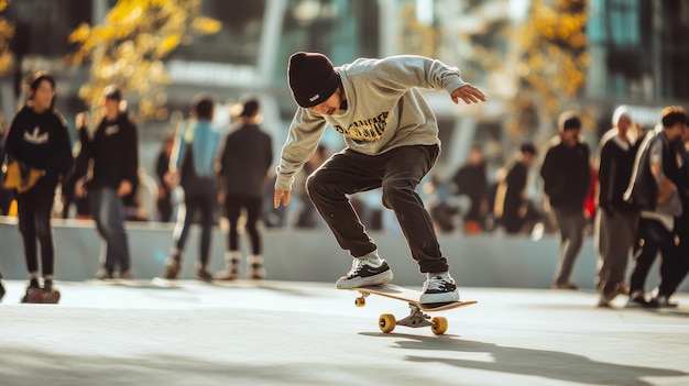 Photo skaters practicing tricks in a concrete urban plaza