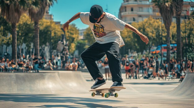 Photo skaters practicing tricks in a concrete urban plaza