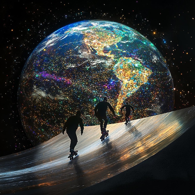 Skaters Ride Towards a Multi Dimensional Earth in Cosmic Art