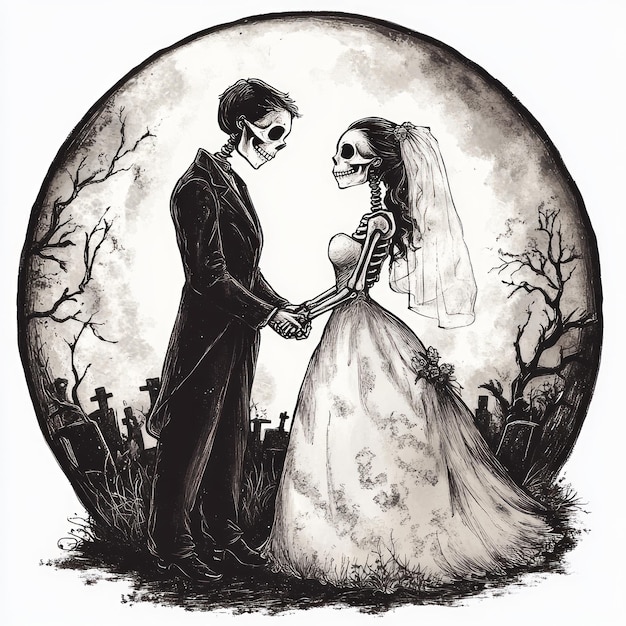 A skeletal couple in wedding attire holding hands in a graveyard symbolizing love beyond death