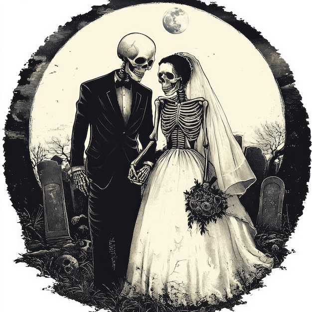 A skeletal couple in wedding attire stands in a graveyard blending romance with a gothic theme