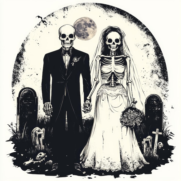 A skeletal couple in wedding attire stands together in a graveyard under a full moon