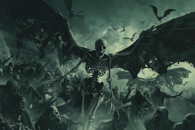 A skeletal demon with menacing bat wings gleefully laughs amidst a horde of damned zombies