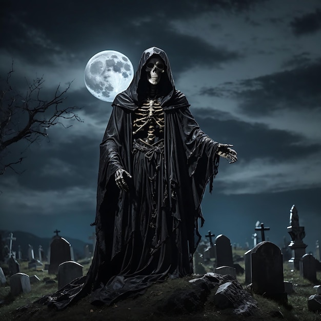 Skeletal figure cloaked in a tattered black robe standing atop a hill of gravestones Ai Generate