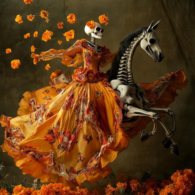 Photo a skeletal figure in a flowing yellow dress rides a skeletal horse surrounded by marigold flowers