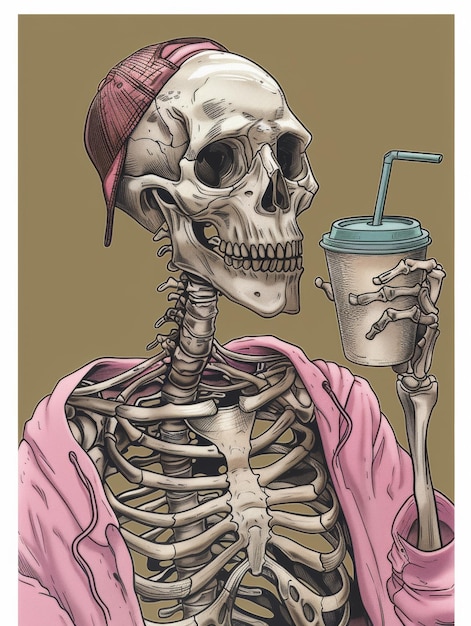 Photo skeletal figure sipping coffee in a to go cup with a blue lid