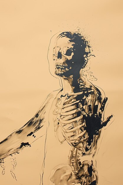 Photo a skeletal figure with exposed bones rendered in black ink on a beige background