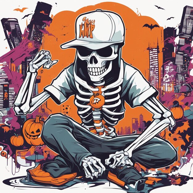 A skeletal figure with a tshirt featuring a classic hiphop design tshirt design halloween