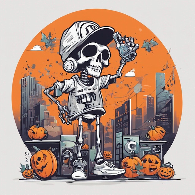 A skeletal figure with a tshirt featuring a classic hiphop design tshirt design halloween