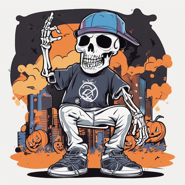 A skeletal figure with a tshirt featuring a classic hiphop design tshirt design halloween