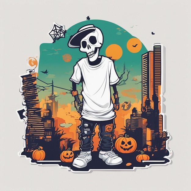 A skeletal figure with a tshirt featuring a classic hiphop design tshirt design halloween