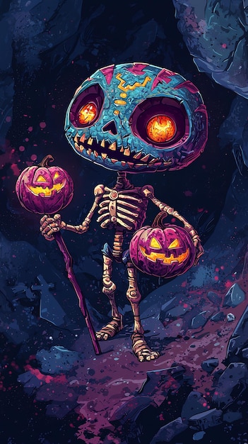 Skeletal Pumpkin Collector in a Spooky Cave