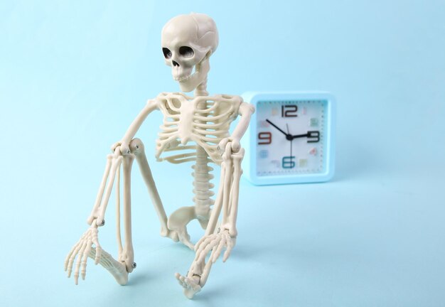 Skeleton and alarm clock on a blue background Deadline