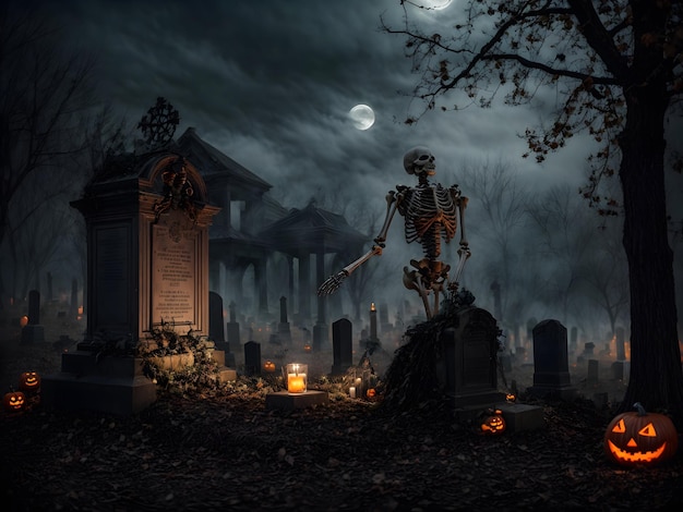 A skeleton arises from his own grave at the night of Halloween