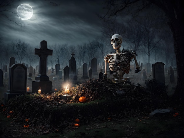 A skeleton arises from his own grave at the night of Halloween