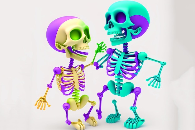 A skeleton and a baby are standing together