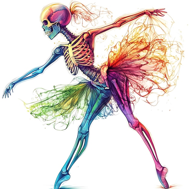 Photo skeleton ballerina in colorful watercolor