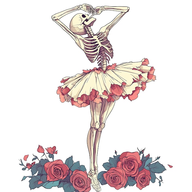 Photo skeleton ballerina with roses elegant illustration of life and death