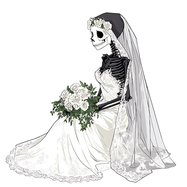 Photo skeleton bride in wedding gown with bouquet of white roses