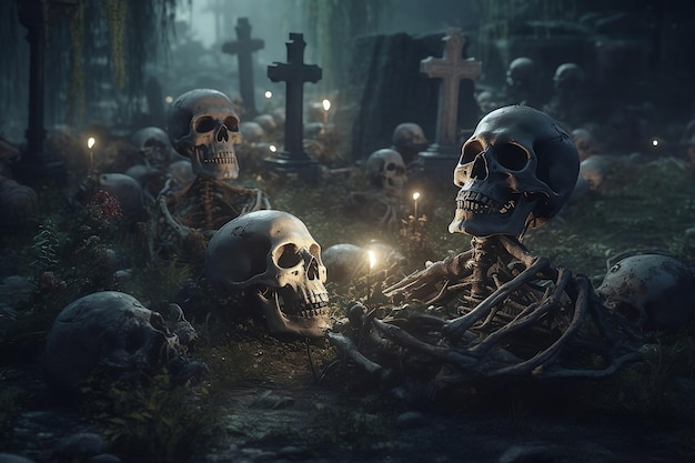 skeleton in the cemetery Generative AI