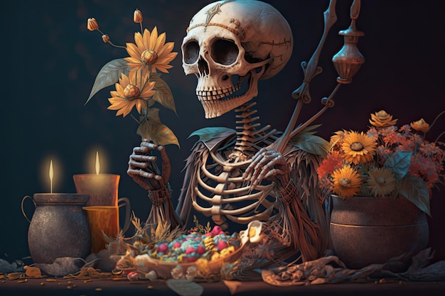 Skeleton character holding marigold and incense in traditional day of the dead environment