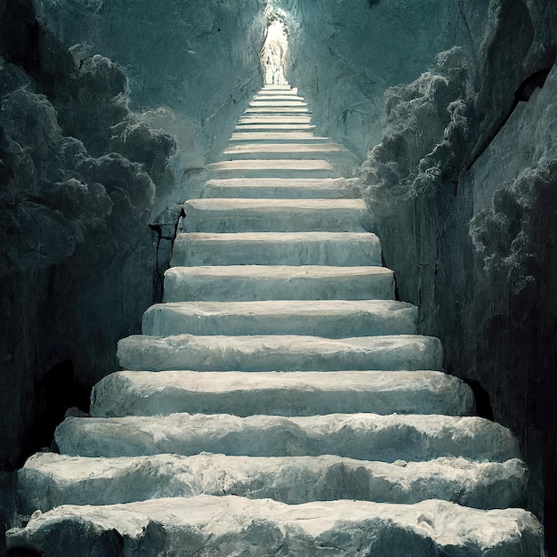 skeleton climbing white stairs to heaven