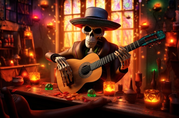 A skeleton in colorful Mexican attire