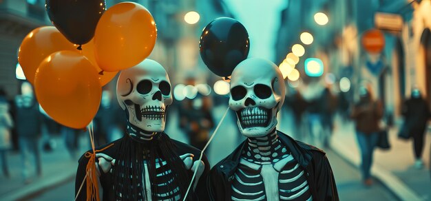 Photo skeleton costumes with balloons on a busy street concepts of halloween spooky decorations festive celebration haunted night out parade festival