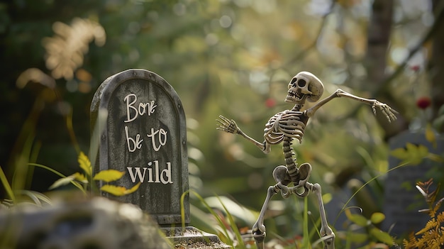 Photo a skeleton dances in front of a tombstone with a humorous inscription