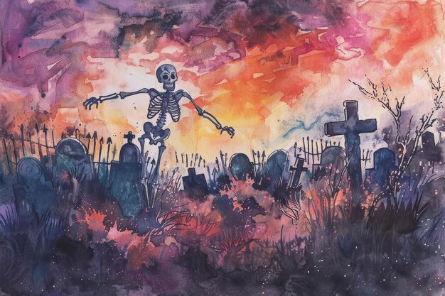 Skeleton Dancing in a Graveyard at Dusk