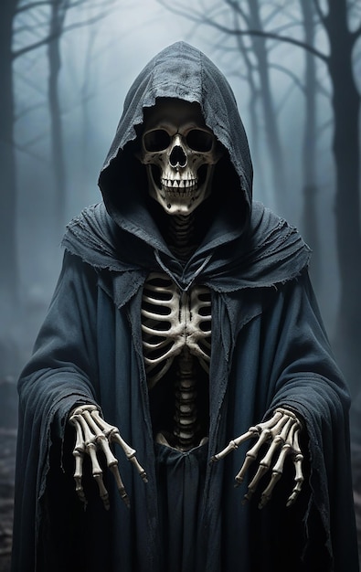 a skeleton in a dark forest with a blue robe on