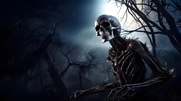 A skeleton in a dark forest with a full moon in the background.