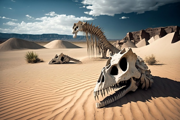 A skeleton of a dinosaur is in the desert.