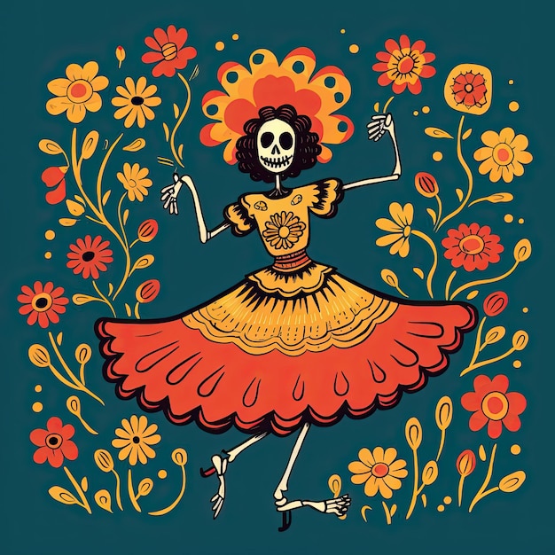 a skeleton dressed as carnation wearing a yellow skirt in the style of flat illustrations