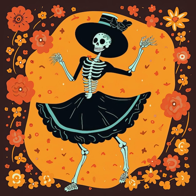 a skeleton dressed as carnation wearing a yellow skirt in the style of flat illustrations