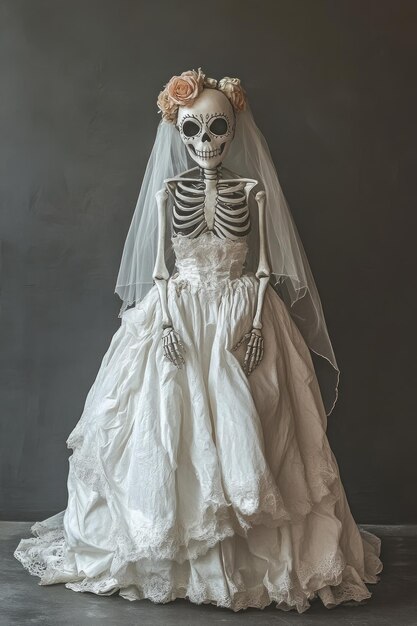 Photo a skeleton dressed in a wedding gown with a veil and flowers symbolizing a macabre theme