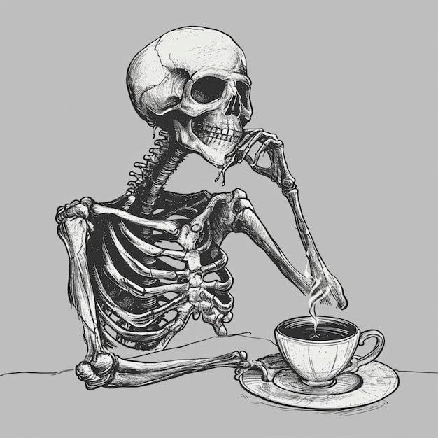 Photo skeleton drinking coffee print design stylize 50 v 6 job id dd9d4db1ae6541298210c8ebda25a735