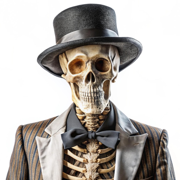 Photo skeleton in elegant clothes wearing elegant hat halloween spooky season on white background