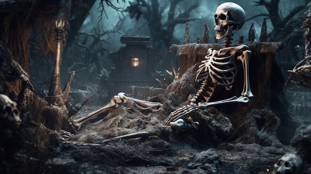 A skeleton emerging from a spooky grave