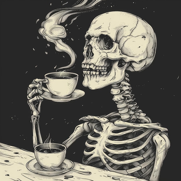 Photo skeleton enjoying a cup of coffee