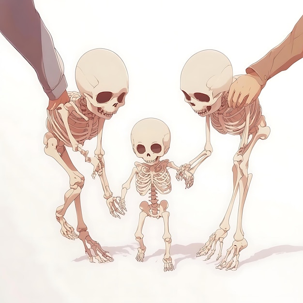 Photo skeleton family illustration three skeletons two adults and a child standing together in a lighthearted illustration