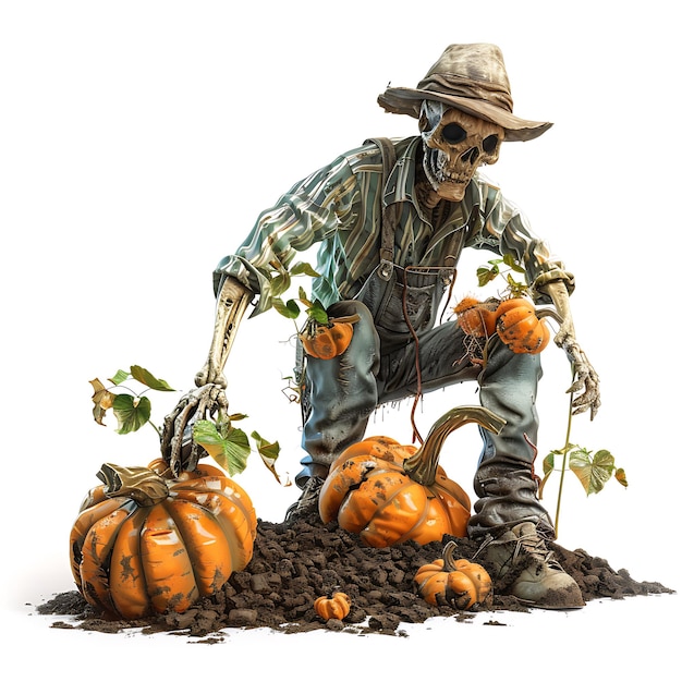 Skeleton Farmer Harvesting Pumpkins in a Field