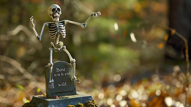 Photo a skeleton figurine standing on a tombstone with the inscription bone to be wild